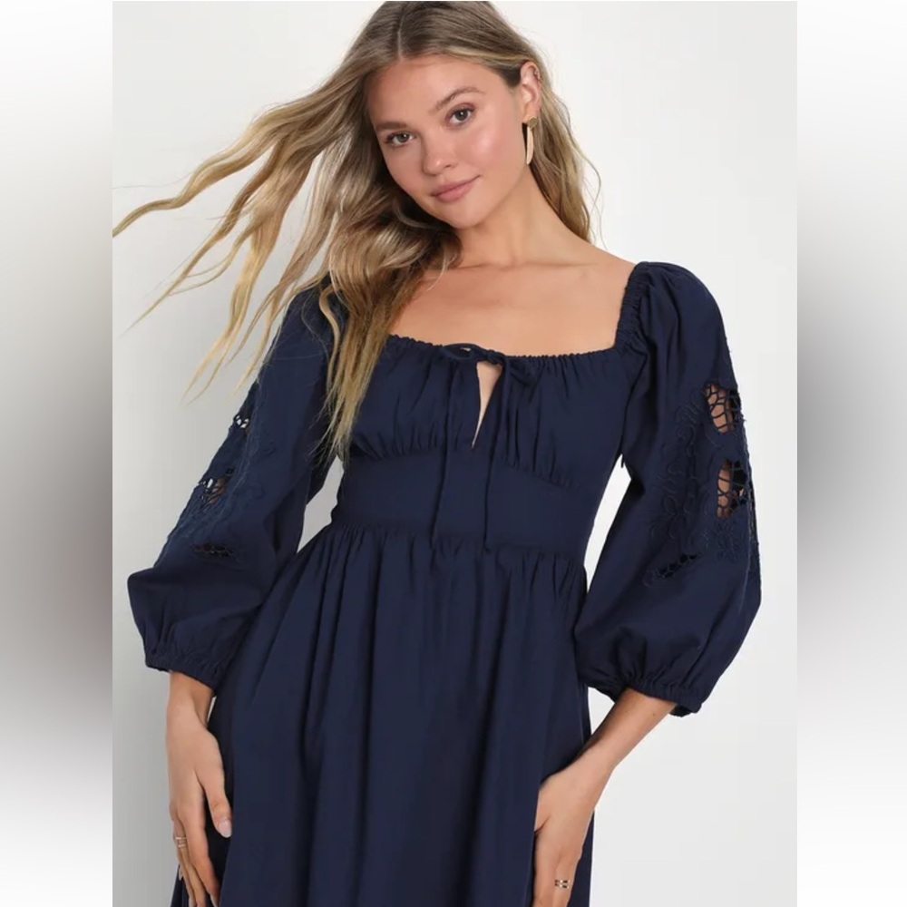 Cotton Navy Balloon Sleeve Dress